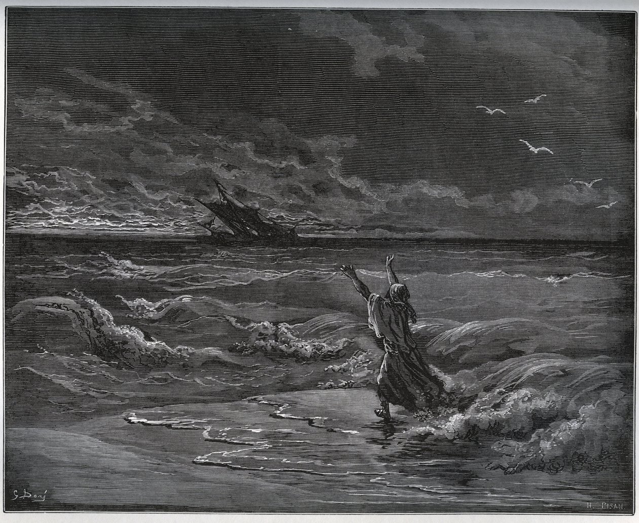 Rabló történet. Aagi-Morato, Zoraide atyja a parton barkázik Miguel Cervantes (1547-1616) „Don Quijote de la Mancha” című művéből (Don Quijote) – Gustave Dore rajza alapján készült fametszet alkotó: Gustave Dore