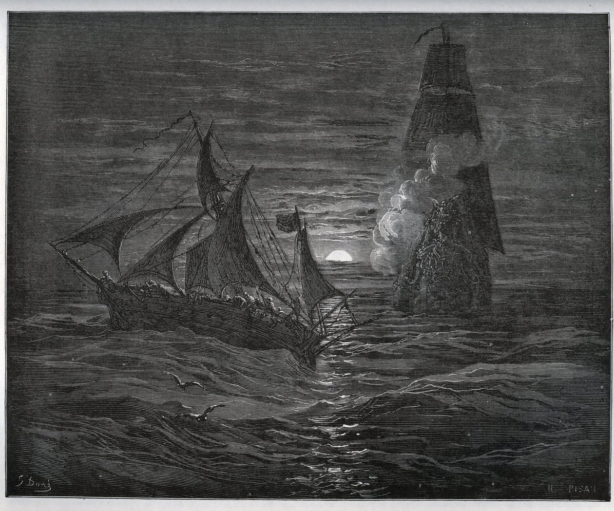 Rabló történet. A spanyol menekülőhajót megtámadta egy francia hajó a „Don Quijote de la Mancha”-ból, Miguel Cervantes (1547-1616) (Don Quijote) - Fametszet Gustave Dore rajza alapján alkotó: Gustave Dore
