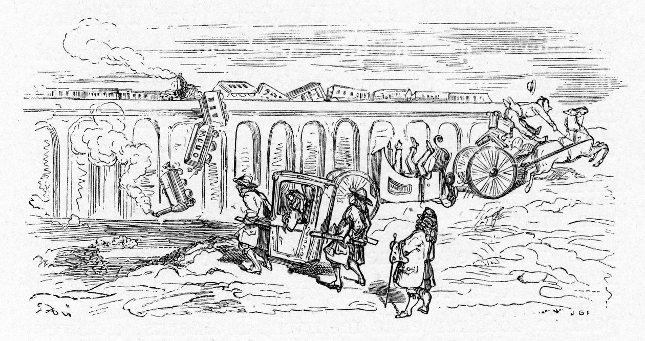 Gustave Dore 1850 körüli karikatúrája a "modern" közlekedésről:2 vonat ütközik egymásnak, egy személyvonat kisiklik és lezuhan egy híd tetejéről; egy kocsi 2 részre van osztva és felborul, miután az azt húzó lovat megpakolták; csak a kerekesszék s alkotó: Gustave Dore