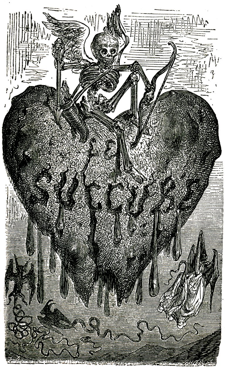 Honore de Balzac (1799-1850) Drolatikus mesék (1855) című művéhez Gustave Dore fejezetcím-illusztrációja: Succubus (vámpír) - csontváz, halál, szív, vér... alkotó: Gustave Dore