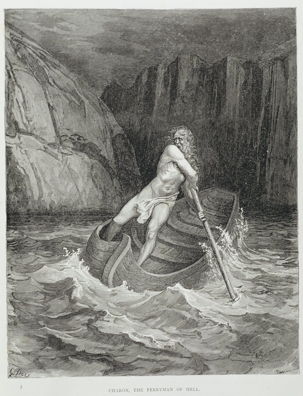 Charon, a pokol révésze, Dante Alighieri (1265-1321) Isteni színjátékából (Inferno) Stephane Pannemaker (1847-1930) metszetében, 1868 körül. alkotó: Gustave Dore