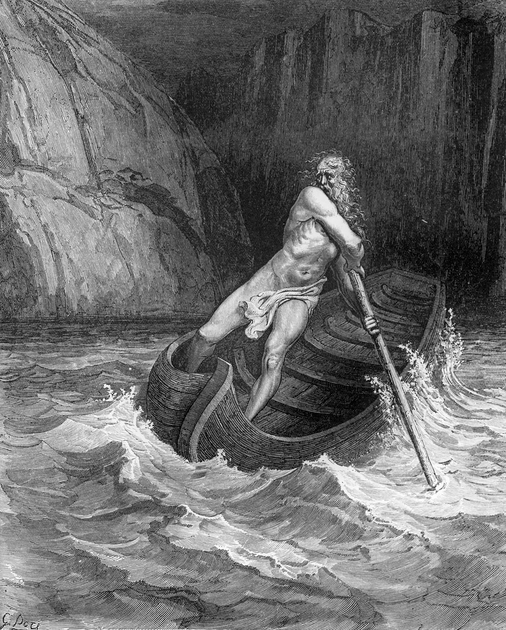 Charon, a pokol révésze, Dante Alighieri (1265-1321) Isteni színjátékából (Inferno), Stephane Pannemaker (1847-1930) metszete 1868 körül. alkotó: Gustave Dore