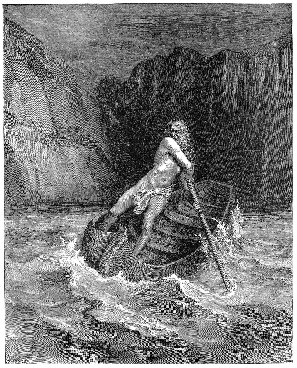 Charon, a révész evezős, hogy összegyűjtse Dantét és Vergiliust, hogy átvigye őket a Styxen, 1861 alkotó: Gustave Dore