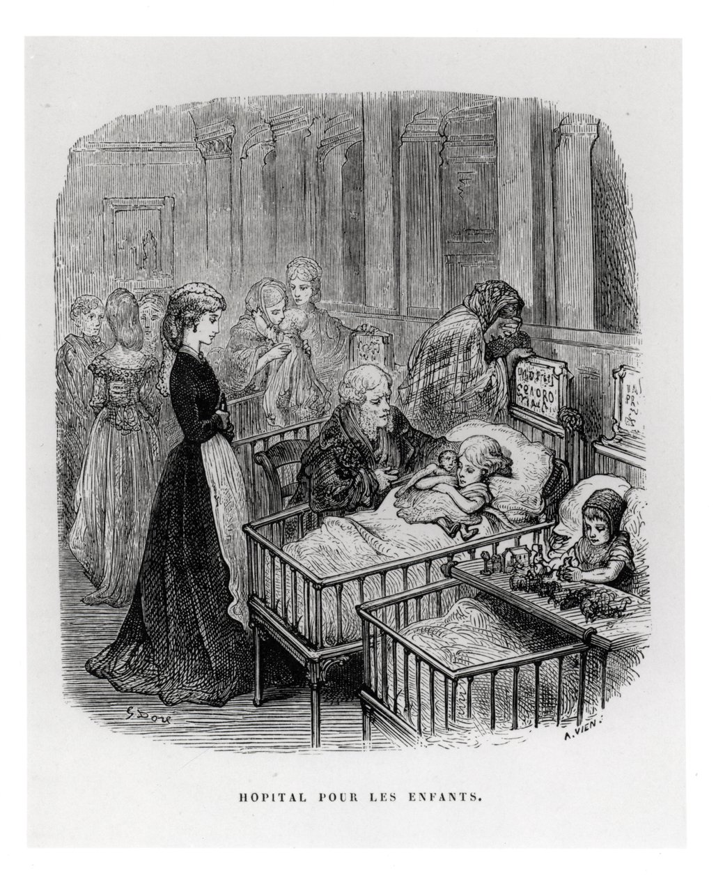 Gyermekkórház, William Blanchard Jerrold (1826-84) „London: Egy zarándoklat” című művéből, Alphonse Jean Baptiste Vien (szül. 1814) metszete, 1872. alkotó: Gustave Dore