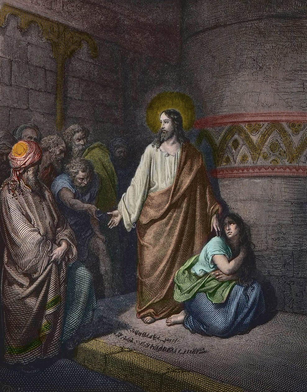 „Krisztus és a házasságtörő nő” Illusztráció: Gustave Dore (1832-1883) - Jézus és a házasságtörésen elhurcolt nő - Gustave Dore metszet - későbbi színezés alkotó: Gustave Dore