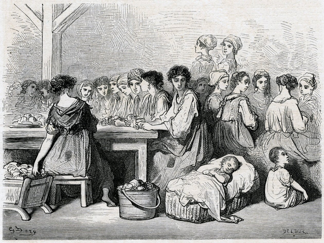 Sevillai szivarkák. Szivar, munkás, dohány gyártása. Gustave Dore rajza, amely Charles Davillier „” Voyage en Espagne” című művét illusztrálja alkotó: Gustave Dore