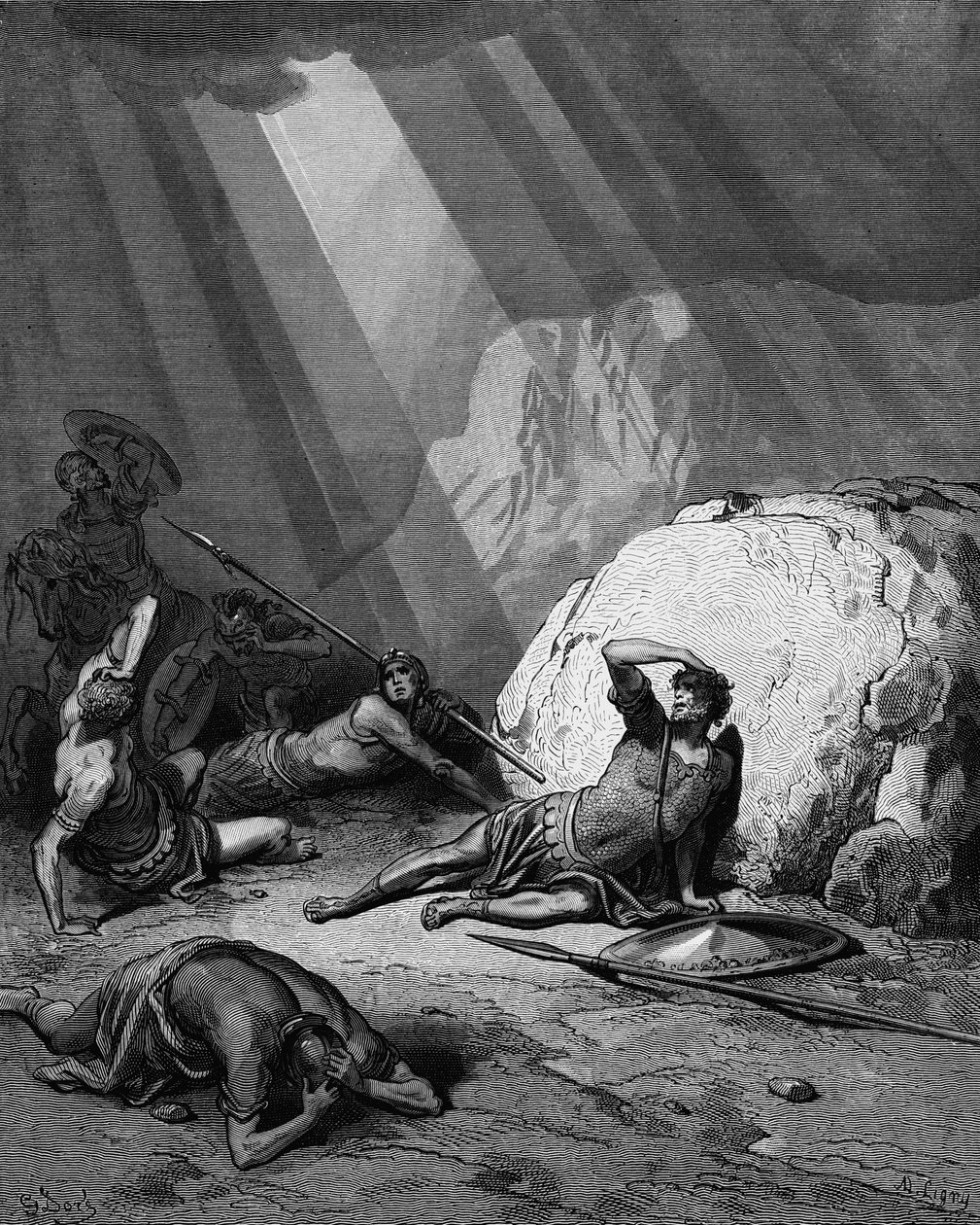 Szent Pál megtérése a damaszkuszi úton. ApCsel 9. Gustave Dore Bibliából 1865-1866. Fametszet. Isten hatalmát fénytengelyként ábrázolják. alkotó: Gustave Dore
