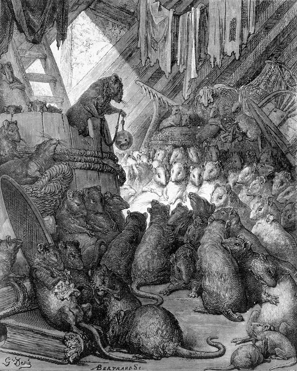 Patkányok által tartott tanács – a La Fontaine „Fables” című kötetében, ill. szerző: Gustave Doré alkotó: Gustave Dore