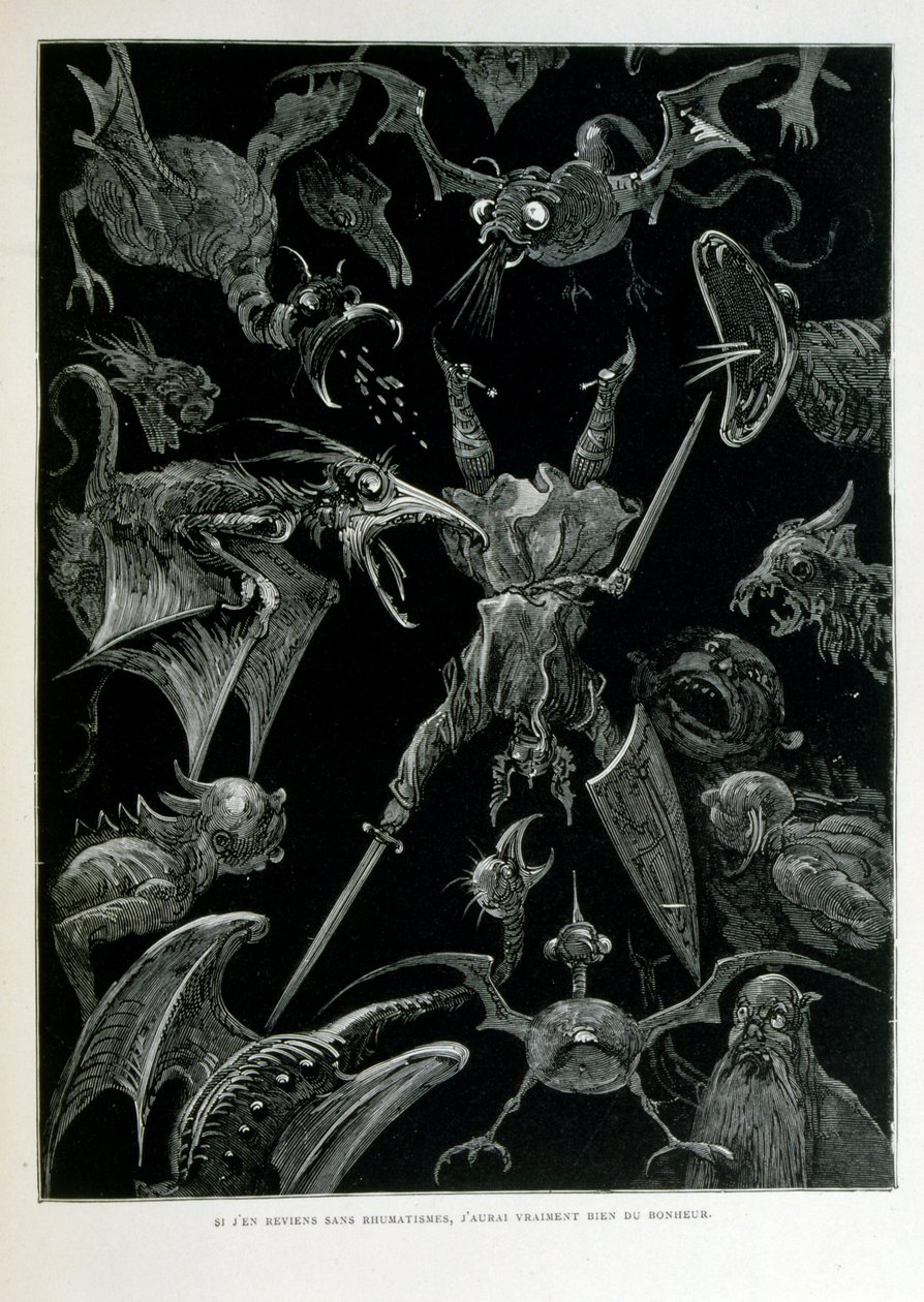 Croque-Mitaine; 1863-as illusztráció, Gustave Dore (1832-1883); Francia művész, grafikus, illusztrátor. Croque-Mitaine (A bogeyman) egy rosszindulatú karakter, amelyet a gyerekeknek mutattak be, hogy megijessze őket, és ezáltal bölcsebbé tegye őket. alkotó: Gustave Dore