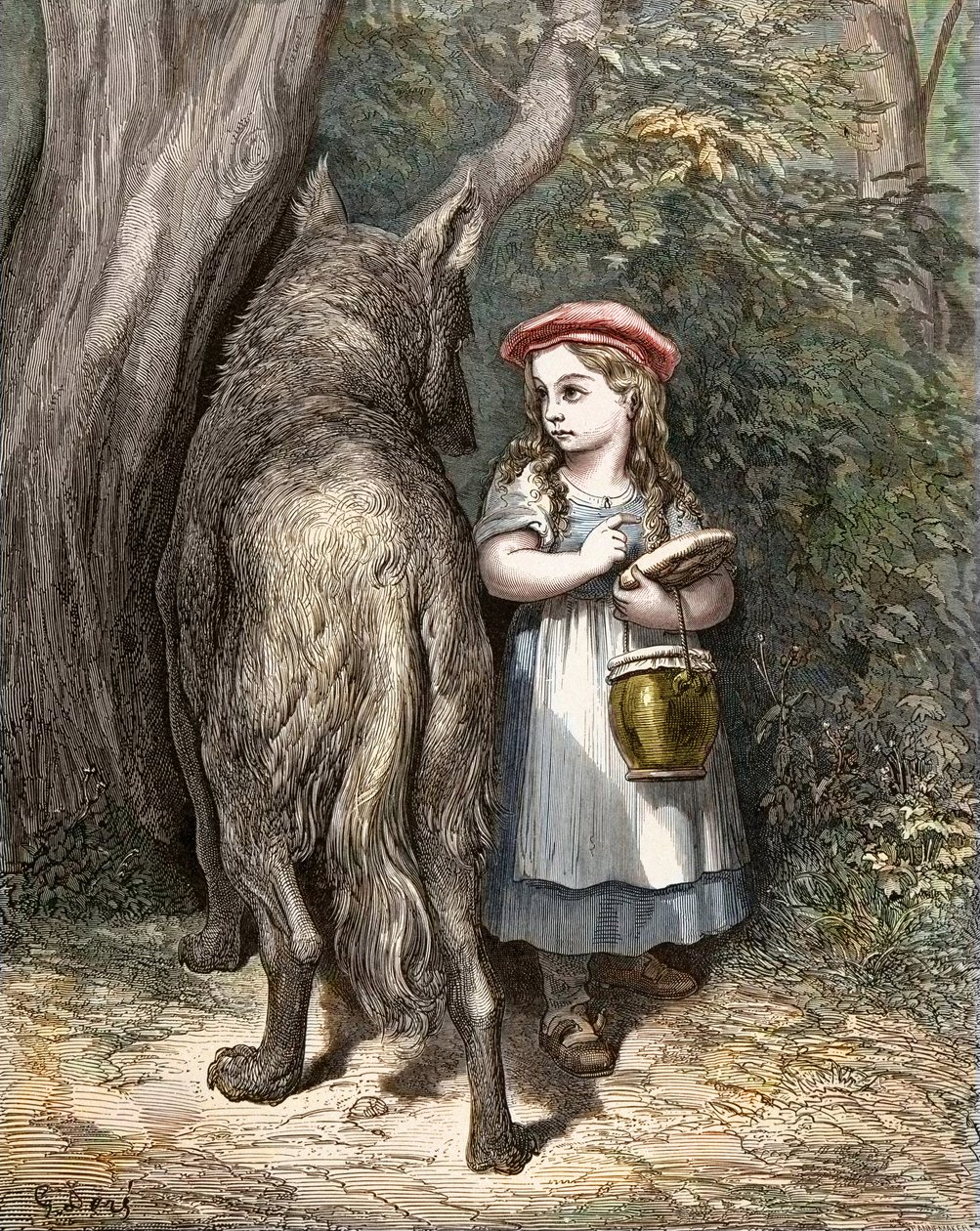 Az erdőn átkelve a kis piros lovagló találkozik a farkassal. Gustave Dore (1832-1883) metszete Charles Perrault (1628-1703) „A mesék” című művéből alkotó: Gustave Dore