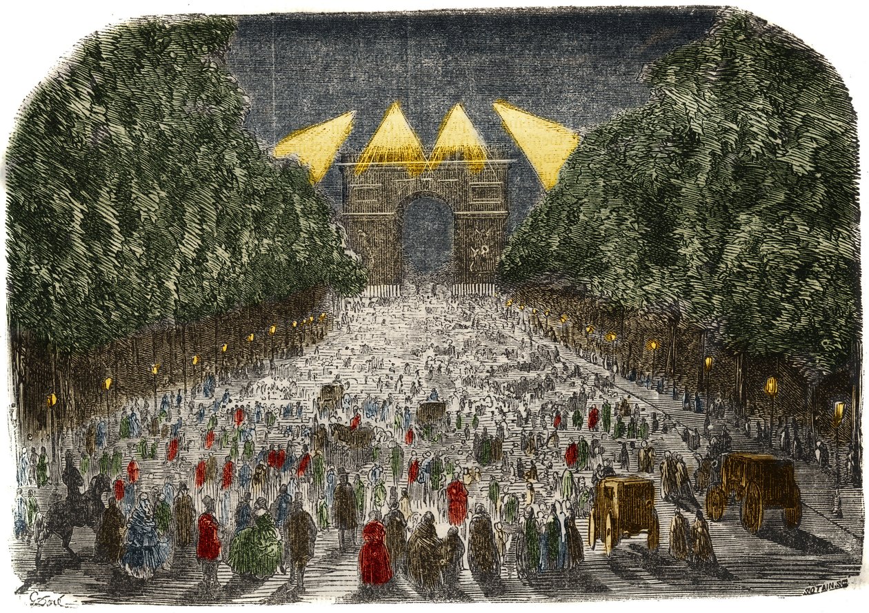 A párizsi Diadalív és a Champs-Elysees (Champs-Elysees) elektromos világításában gyönyörködő tömeg október 26-án és 27-én alkotó: Gustave Dore