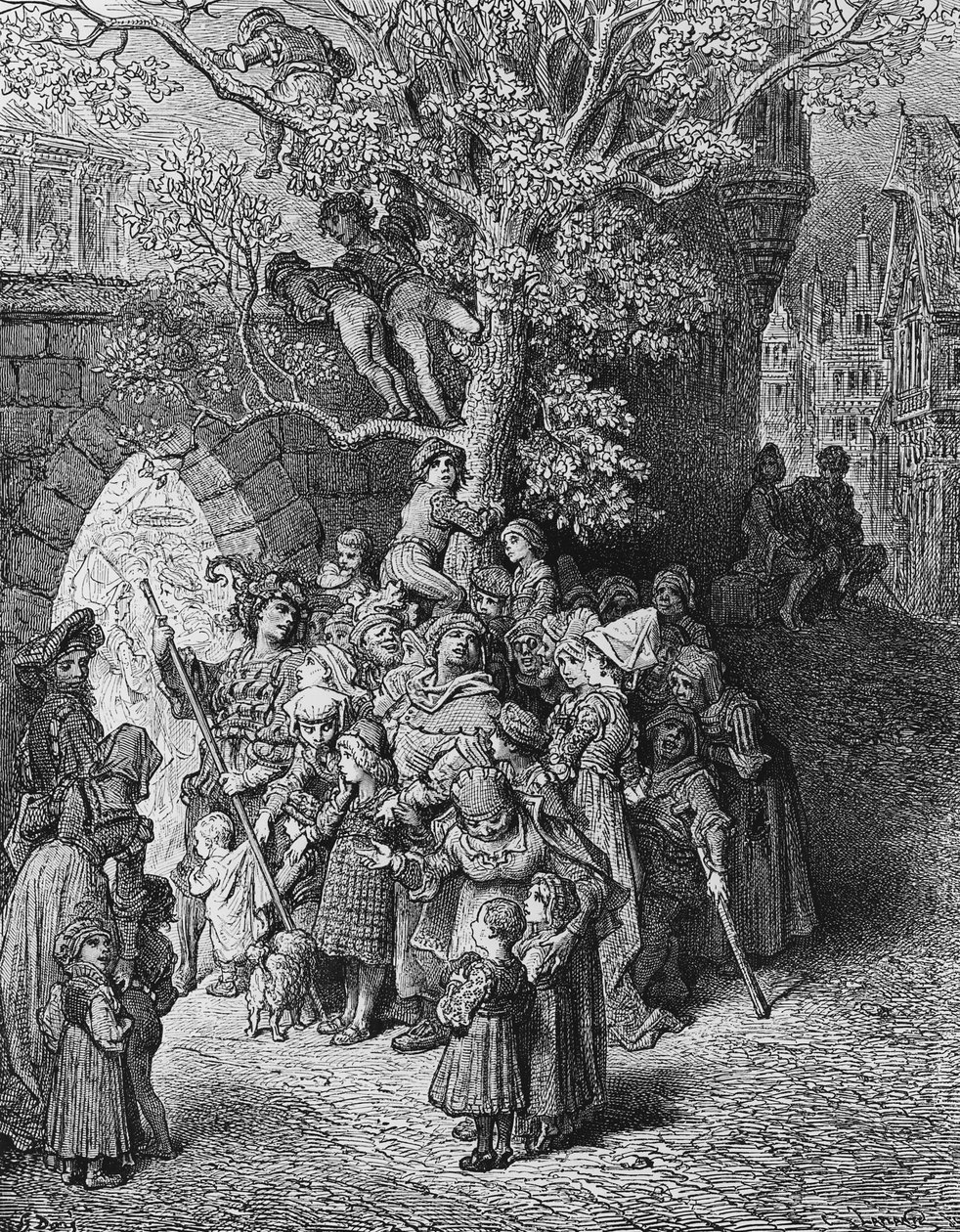 Bámészkodók és nézők tömege az esküvőn, jelenet S.T. „Az ősi tengerész öregje” című művéből. Coleridge, kiadó: Harper und Brothers, New York, 1876 (fametszet) alkotó: Gustave Dore