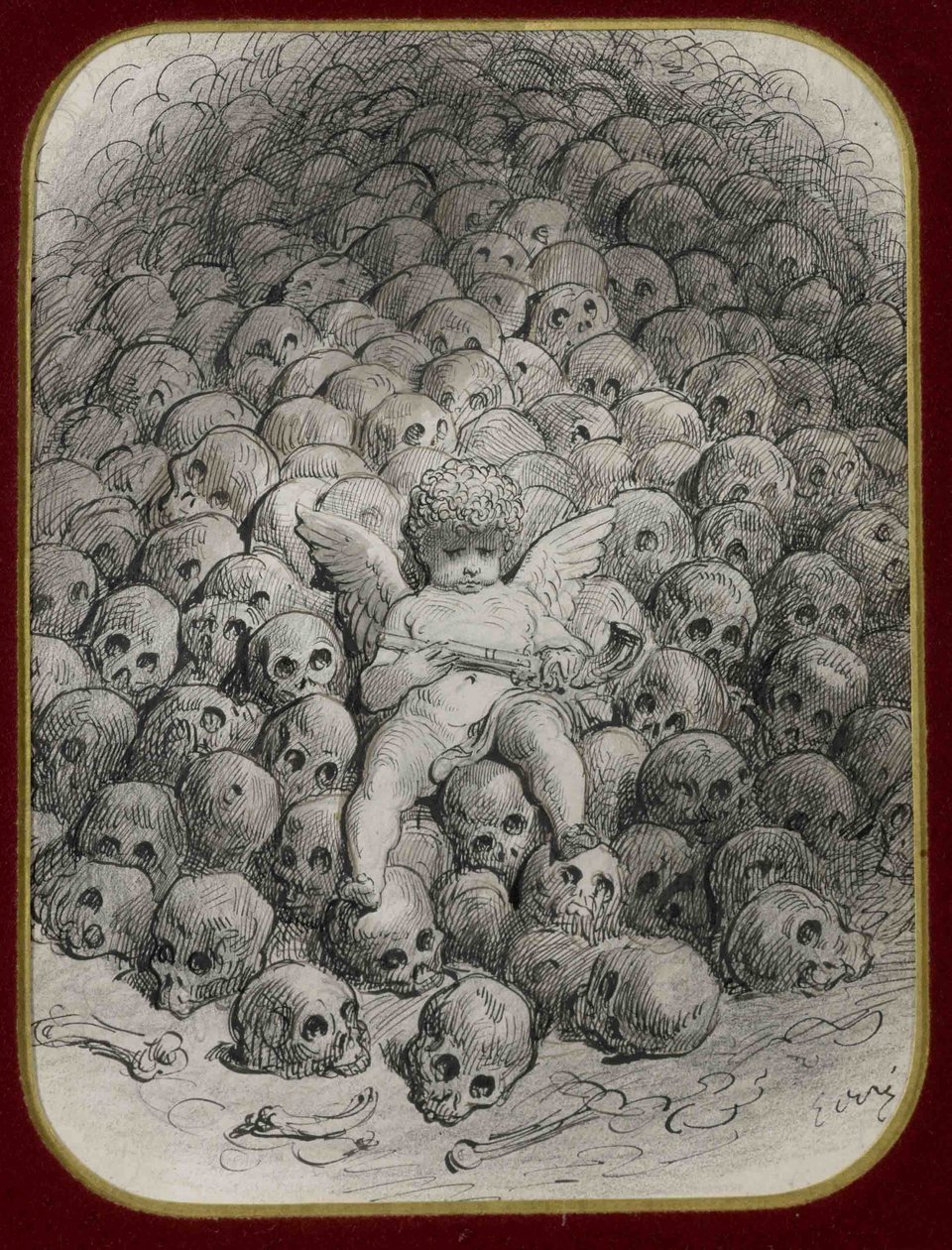 ""Ámor pisztollyal felfegyverkezve ül a koponyák hegyén"" (Cupid with a Pistol on Top of a Skull) Gustave Dore (1832-1883) tinta és rajza Magángyűjtemény alkotó: Gustave Dore