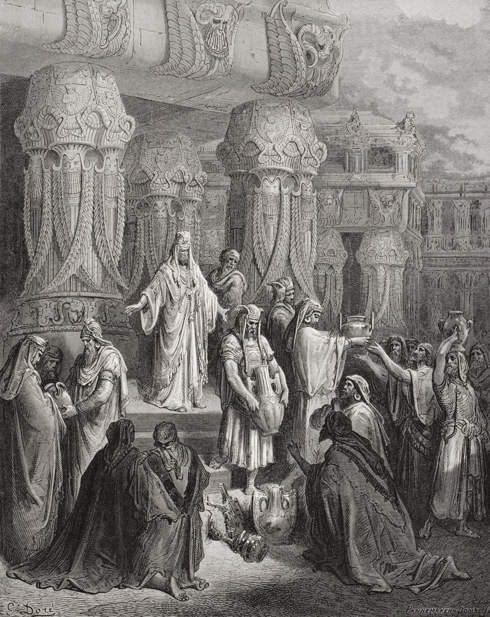 Cyrus helyreállítja a templom edényeit, illusztráció Dore "A Szent Biblia" című művéből, Pannemaker metszete, 1866. alkotó: Gustave Dore