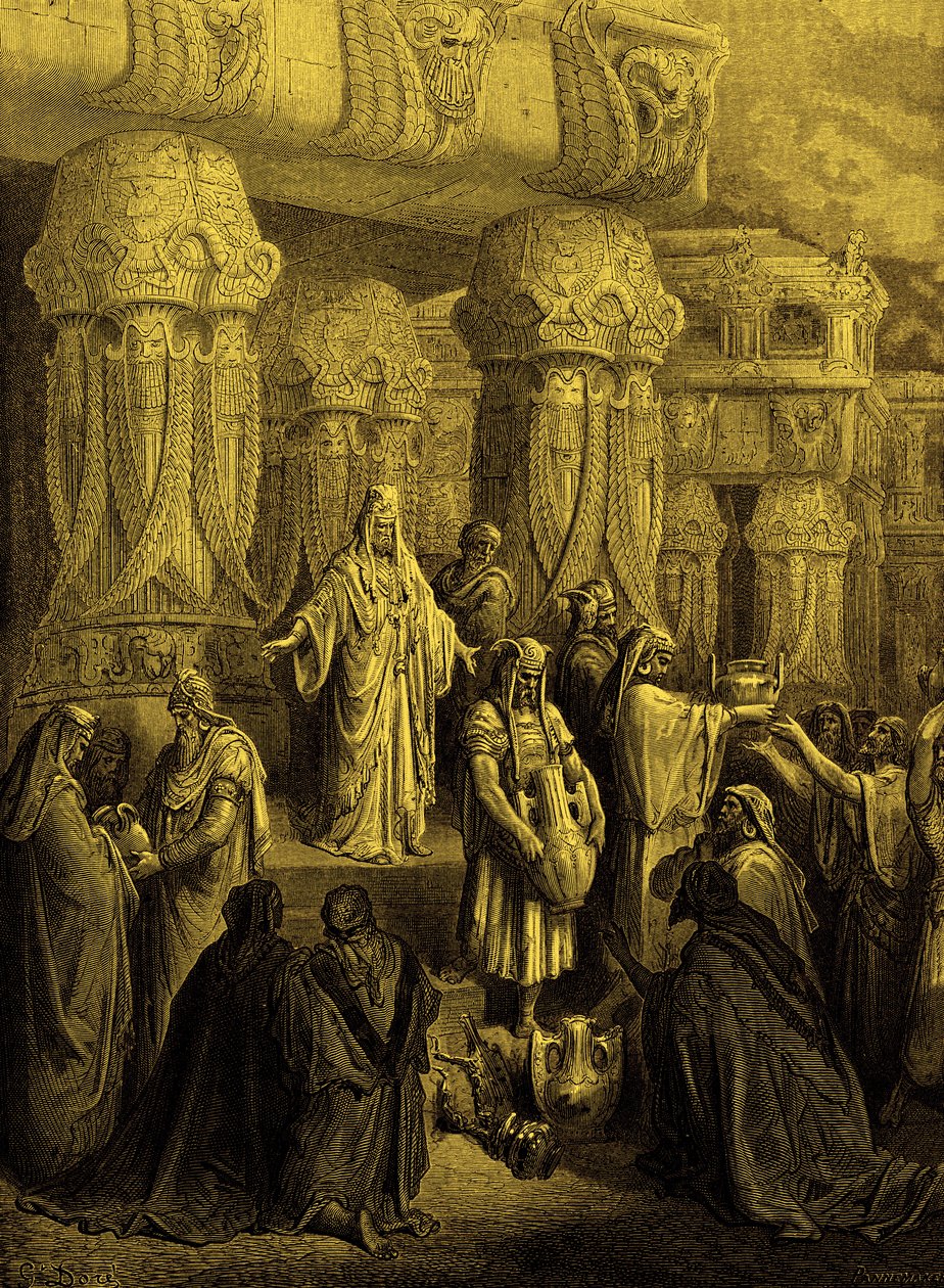 Cyrus visszaállítja az edényeket a templomba. - Biblia alkotó: Gustave Dore