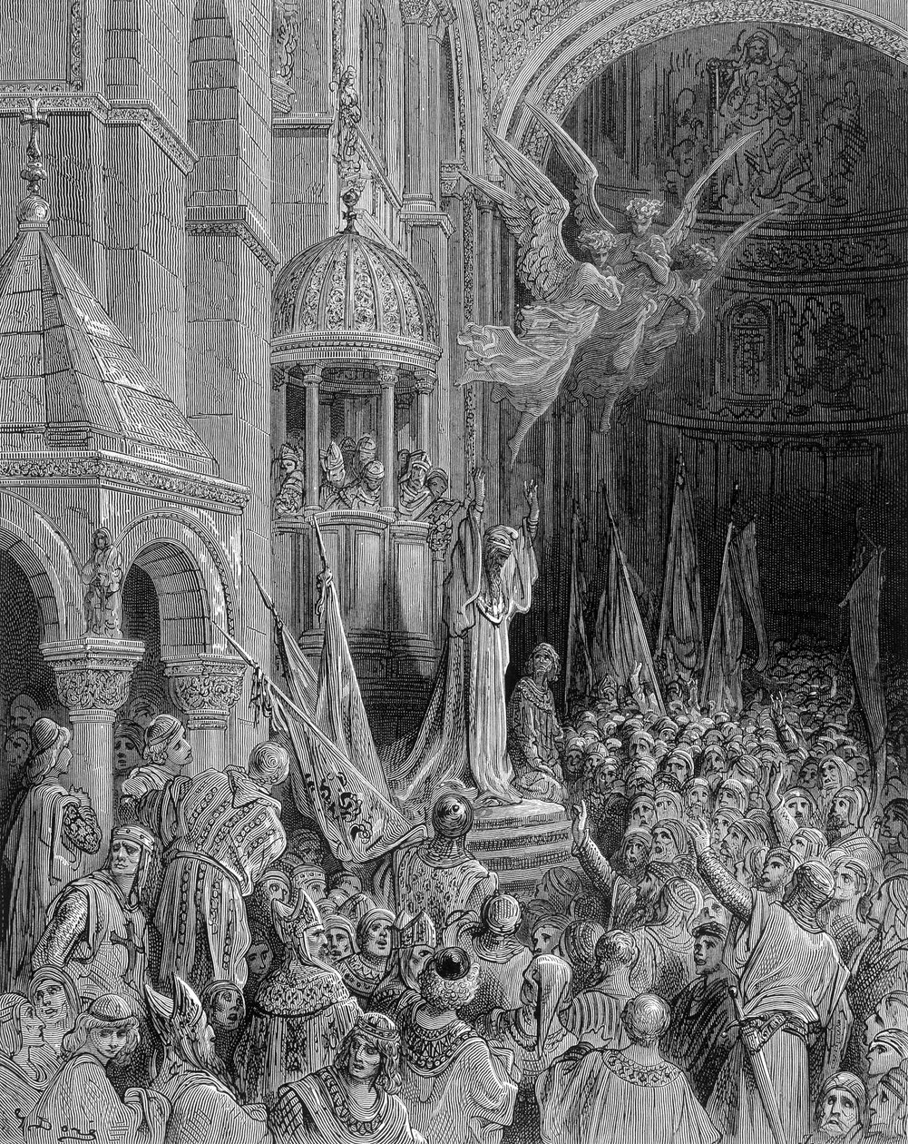 Dandolo a keresztes hadjáratot prédikálja a velencei Szent Márk templomban – Gustave Doré metszet alkotó: Gustave Dore