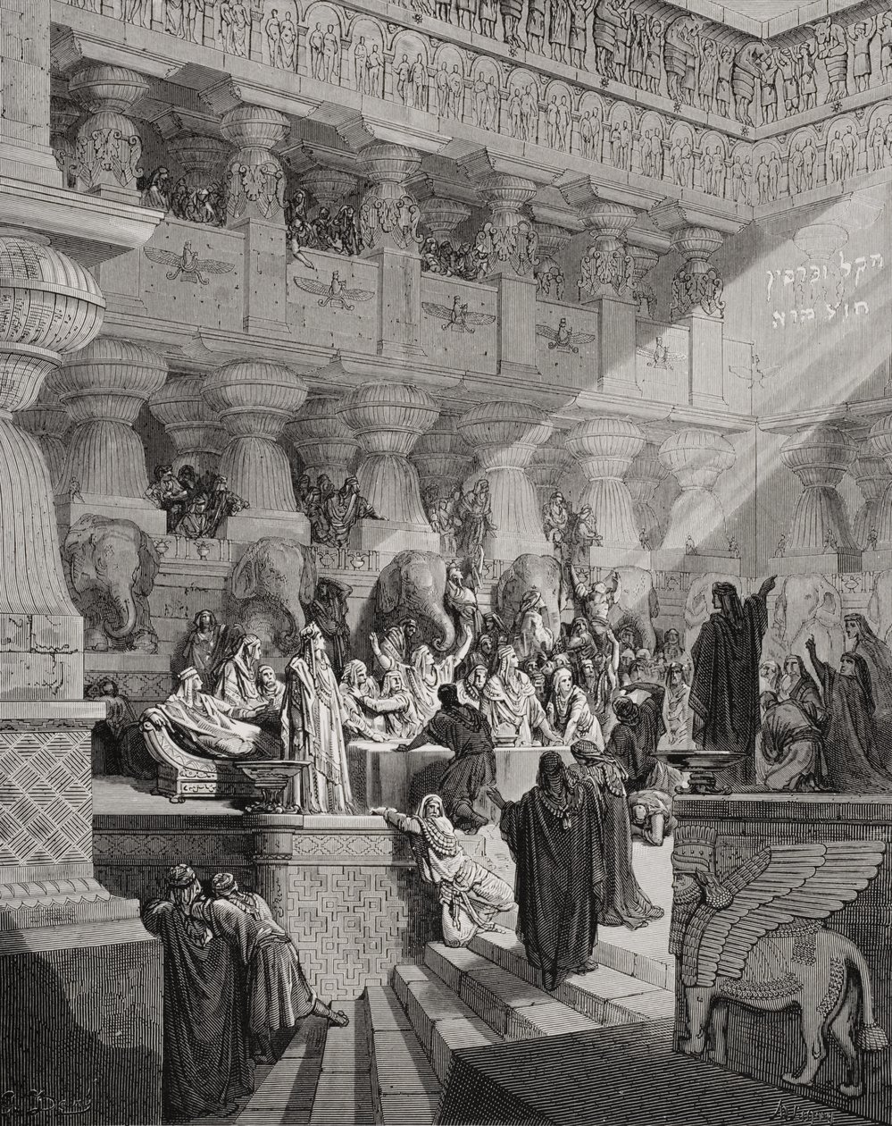 Daniel értelmezi az írást a falon, Dániel 5:25-28, illusztráció Dore „The Holy Bible” című könyvéből, Ligny metszetében, 1866 alkotó: Gustave Dore