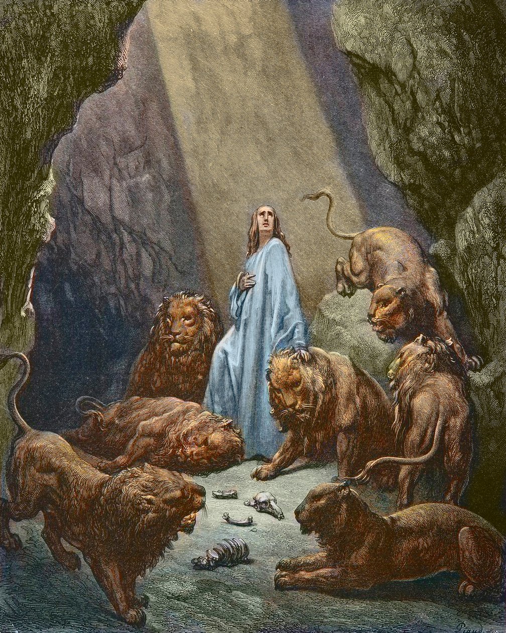Danielt bedobják az Oroszlánok barlangjába - Daniel az Oroszlánok barlangjában - Gustave Dore metszet - későbbi színezés alkotó: Gustave Dore