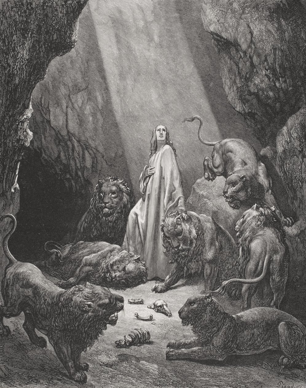 Dániel az oroszlánok barlangjában, Dániel 6:16-17, illusztráció Dore „The Holy Bible” című művéből, Piaud metszete, 1866 alkotó: Gustave Dore