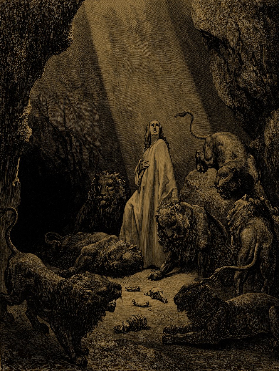 Daniel az oroszlánok barlangjában, Dorétól. - Biblia alkotó: Gustave Dore