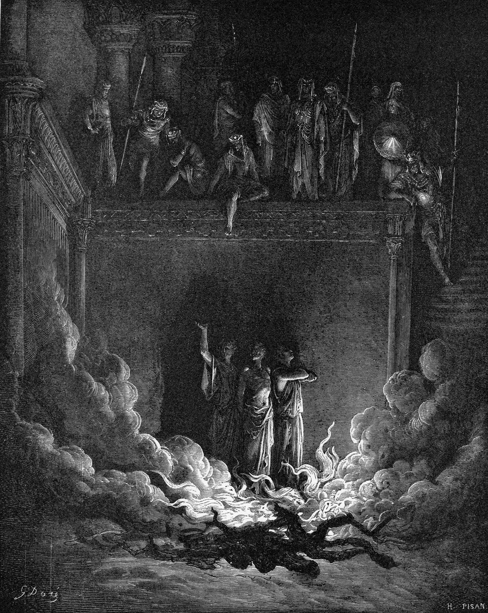 Daniel társai a tüzes kemencében alkotó: Gustave Dore