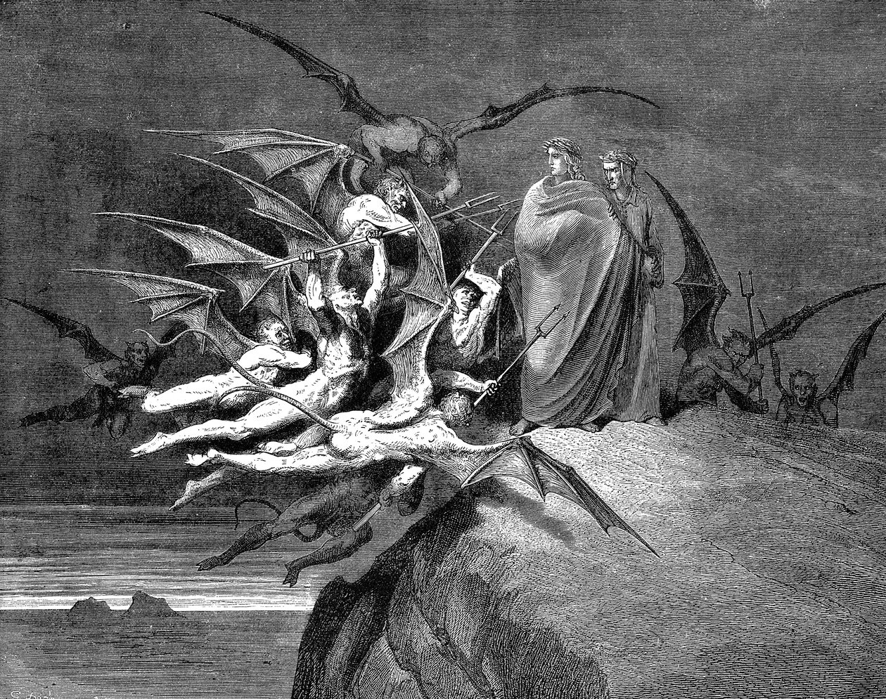 Dantét és Vergiliust démonok kerítették hatalmába, amikor áthaladtak a nyolcadik körön, 1861-ben alkotó: Gustave Dore