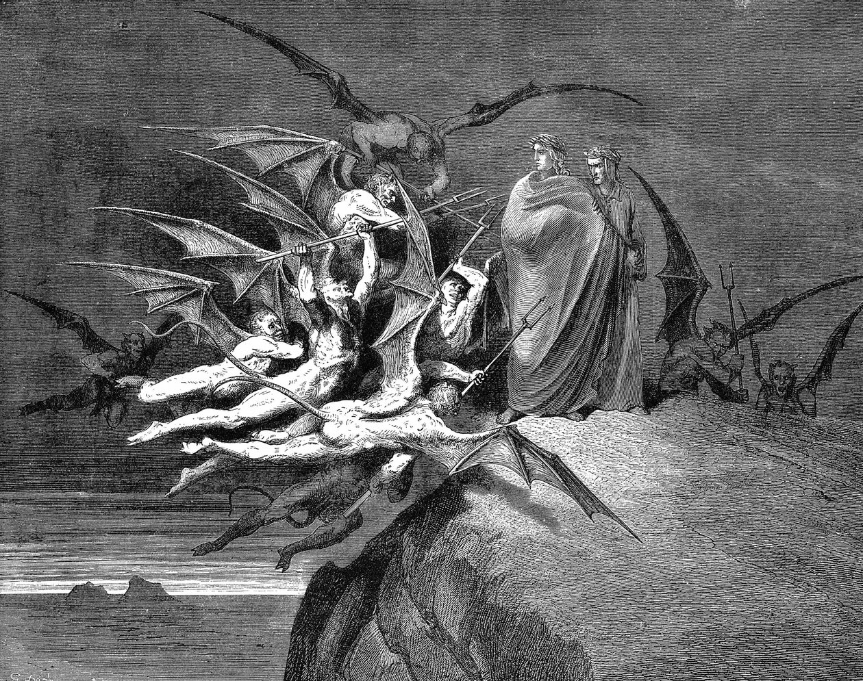 Dante és Vergilius démonoktól ostromoltatva haladnak át a nyolcadik körön. Gustave Dore illusztrációja (1861) Dante Inferno, XXI. énekéhez. Fametszet alkotó: Gustave Dore