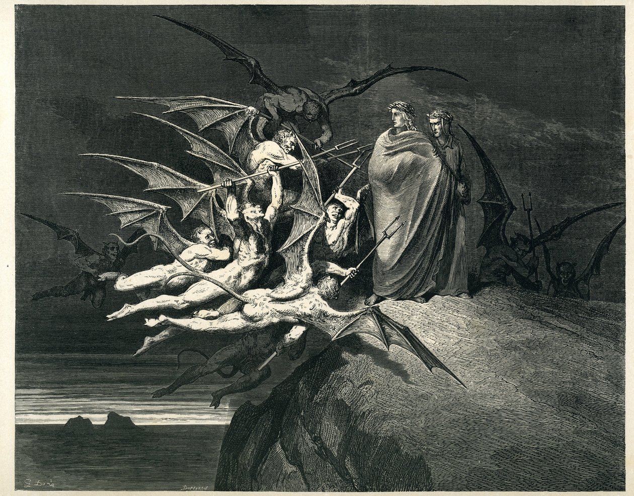Dante és Vergilius szembenéznek a démonokkal. Gustave Dore által illusztrált metszet Dante Alighieri Pokol című művéből (Isteni komédia). Francia kiadás 1861-ből. "... Nessun di voi sia fello!" (Senki se legyen lázadó közületek!) , 21. ének, v. 72. alkotó: Gustave Dore