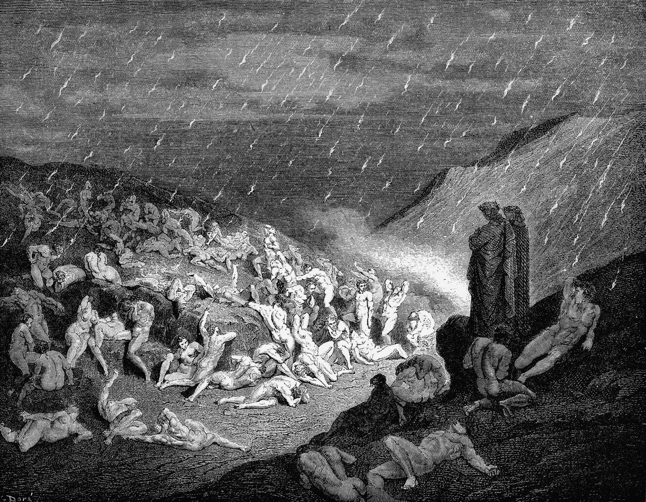Dante és Vergilius a pokolban gyötrődő lelkekre tekintenek, 1863 alkotó: Gustave Dore