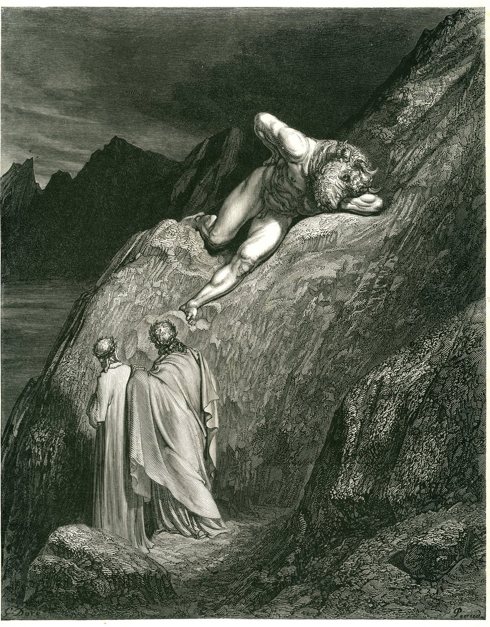 Dante és Vergilius találkozik a Minotaurusszal. Gustave Dore által illusztrált metszet Dante Alighieri Pokol című művéből (Isteni komédia). Francia kiadás 1861-ből. "E in su la punta della rotta lacca/L