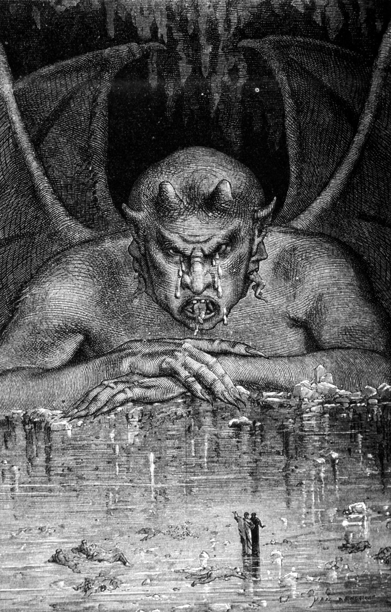 Dante és Virgil traverse les enfell Dante Alighieri (1265-1321) Isteni színjátékában: Sátán felfalja a táncokat. Gustave Doré metszete. 19. század. alkotó: Gustave Dore