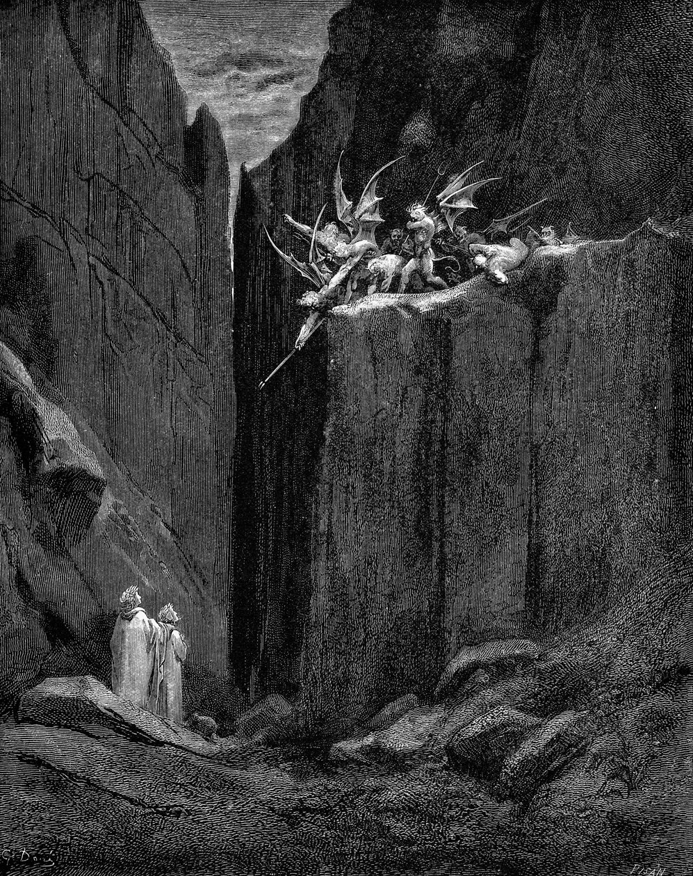 Dantét Vergilius védi meg a démonoktól. alkotó: Gustave Dore