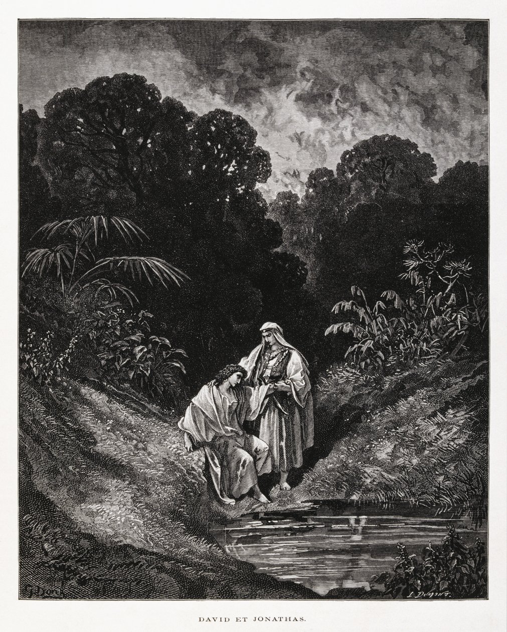 Dávid és Jonatán, Izrael királyságának hősies alakjai, akik barátsági szövetséget kötöttek Sámuel könyveiben, Illusztráció a Dore Bibliából. alkotó: Gustave Dore