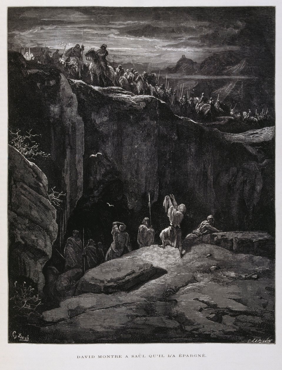Dávid hűségesen felajánlja kardját Saulnak, Izrael királyának, Illusztráció a Dore Bibliából. alkotó: Gustave Dore