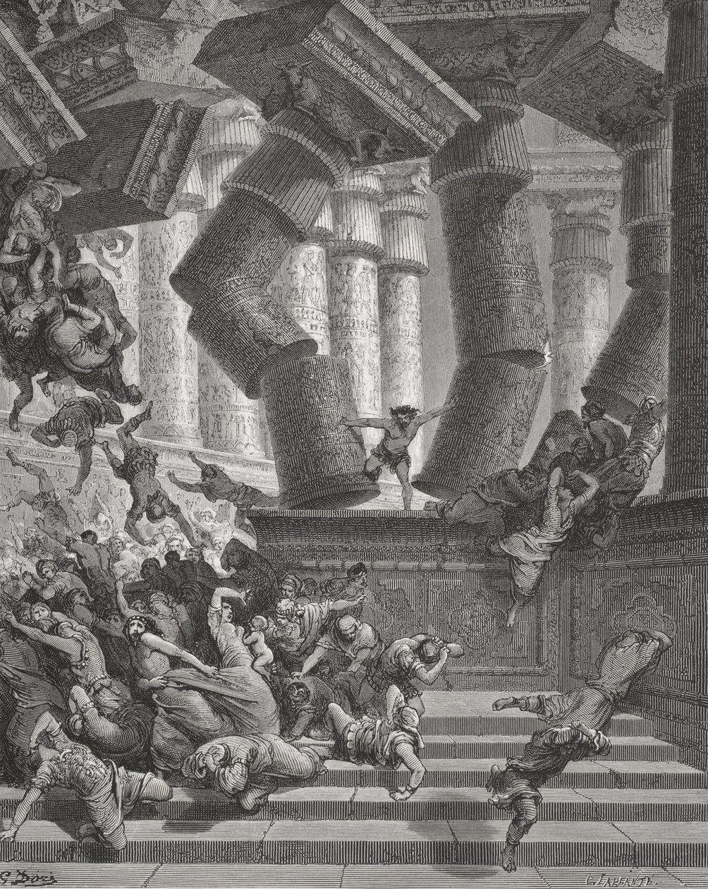 Sámson halála, Bírák 26:28-30, illusztráció Dore „The Holy Bible” című művéből, metszett G.Larlante, 1866 (metszet) alkotó: Gustave Dore