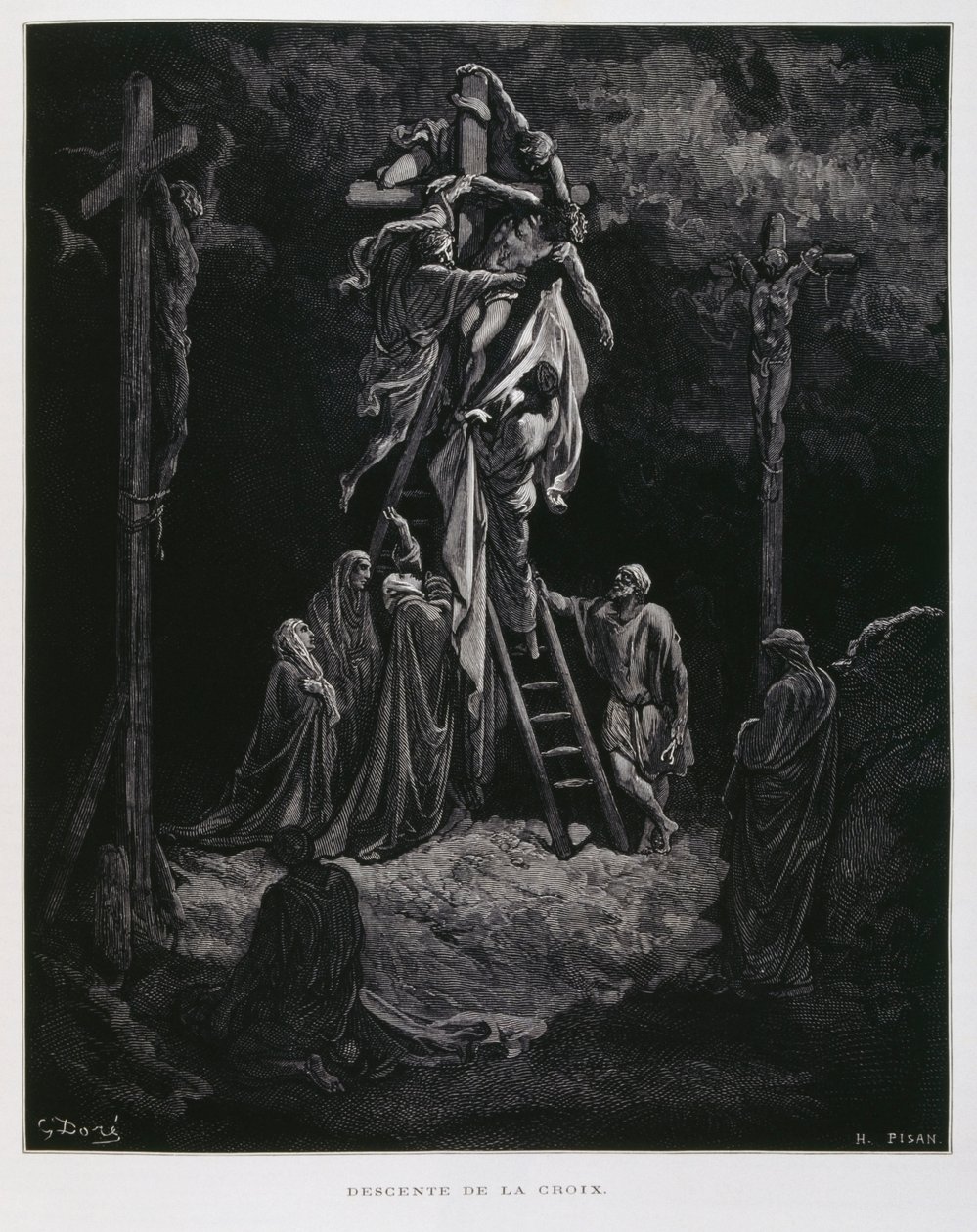A keresztről való leszállás, Krisztus letétele, Illusztráció a Dore Bibliából. alkotó: Gustave Dore