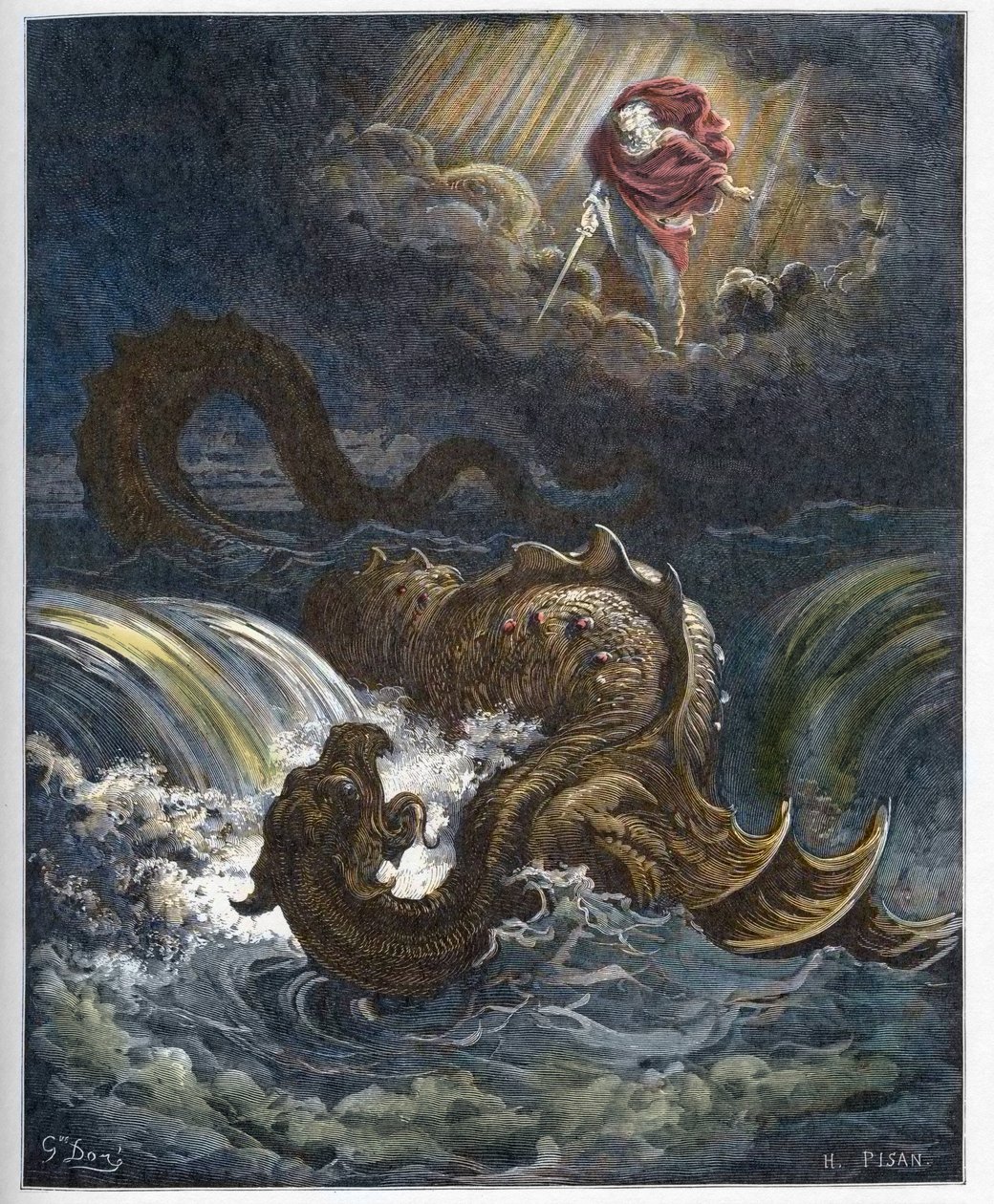 Leviatán elpusztítása - A Leviatán, az Ószövetség tengeri szörnyének elpusztítása - Gustave Dore (1832-1883) "" The Bible illustree"-be vésve - Metszet "" The Dore Bible"-ből" alkotó: Gustave Dore