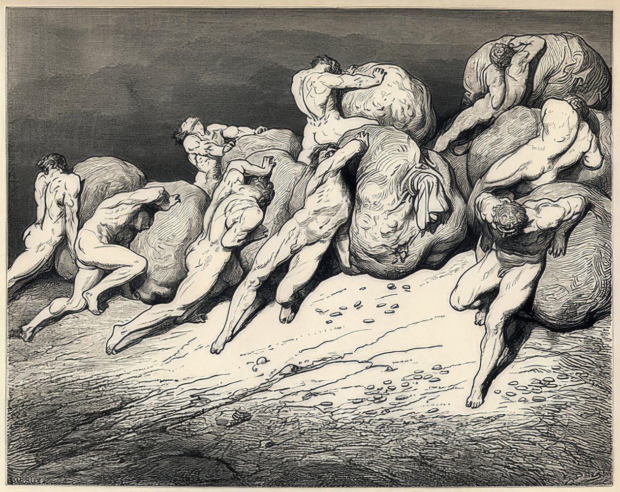 A költekezők és fukarok lelkei. Illusztráció Dante Alighieri Isteni színjátékához. 1857 körül alkotó: Gustave Dore