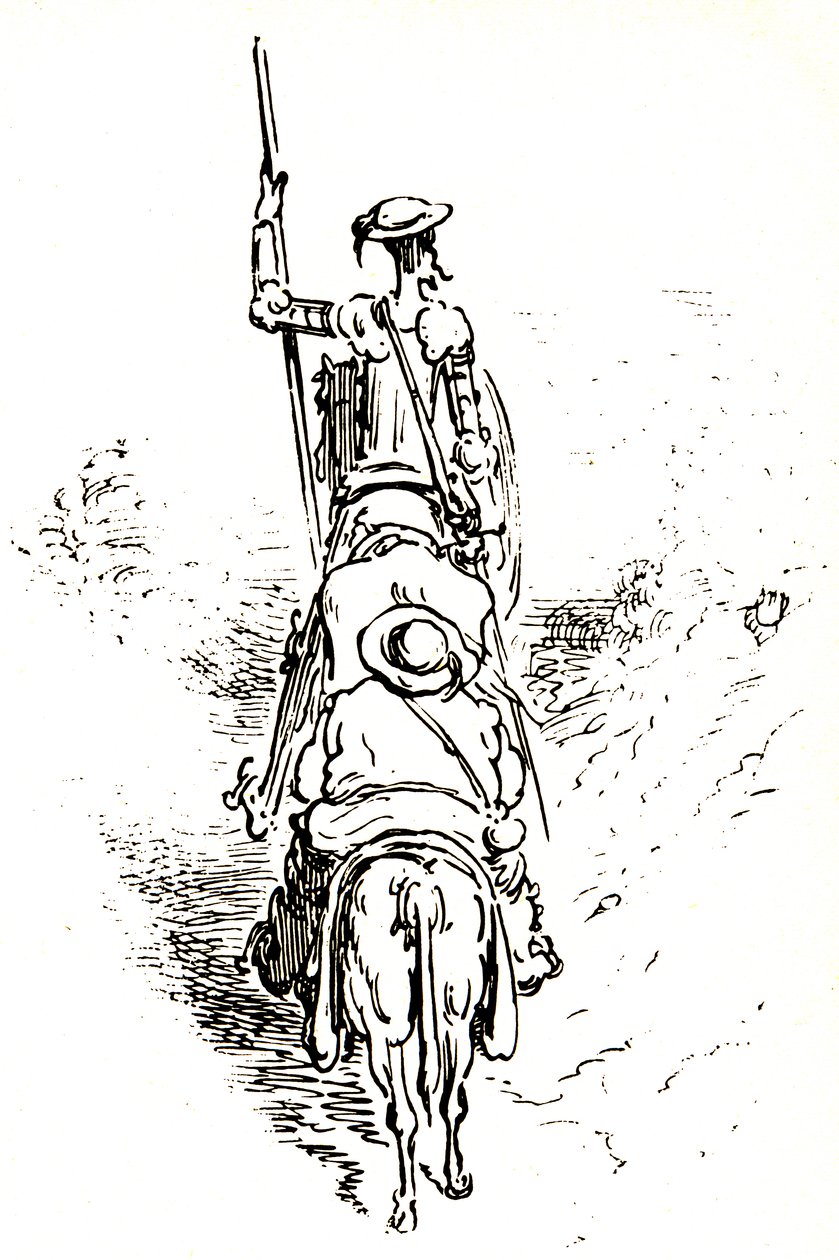 Don Quijote a lován, mögötte Sancho a szamarán. alkotó: Gustave Dore
