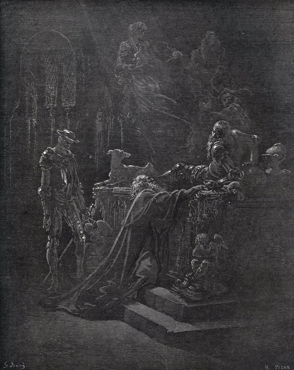 Don Quijote, Montesinos és Durandarte, Montesinos barlangjában - Miguel Cervantes (1547-1616) „Don Quijote de la Mancha” című művéből (Don Quijote) - Fametszet Gustave Dore rajza alapján alkotó: Gustave Dore