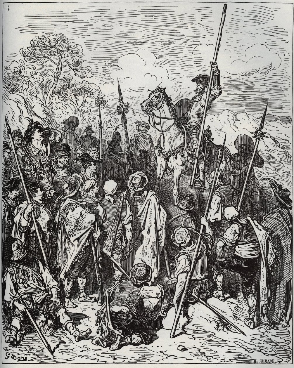 Don Quijote és Sancho az üvöltő falusiak osztagával - Miguel Cervantes (1547-1616) „Don Quijote de la Mancha” című művéből (Don Quijote) - Fametszet Gustave Dore rajza alapján alkotó: Gustave Dore