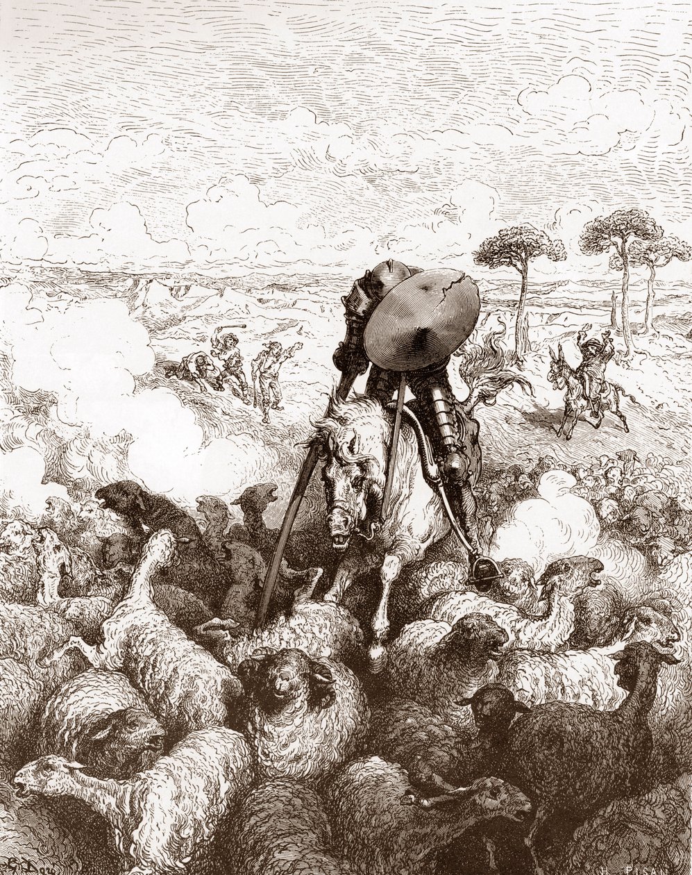 Don Quijote megtámadja a birkanyájat Gustave Dore (1832-1883) metszetei Miguel de Cervantes (1547-1616) „The Ingenieux Hidalgo Don Quijote de la Mancha (Quixotte – Quijote)” című metszete, 1863 Magángyűjtemény alkotó: Gustave Dore