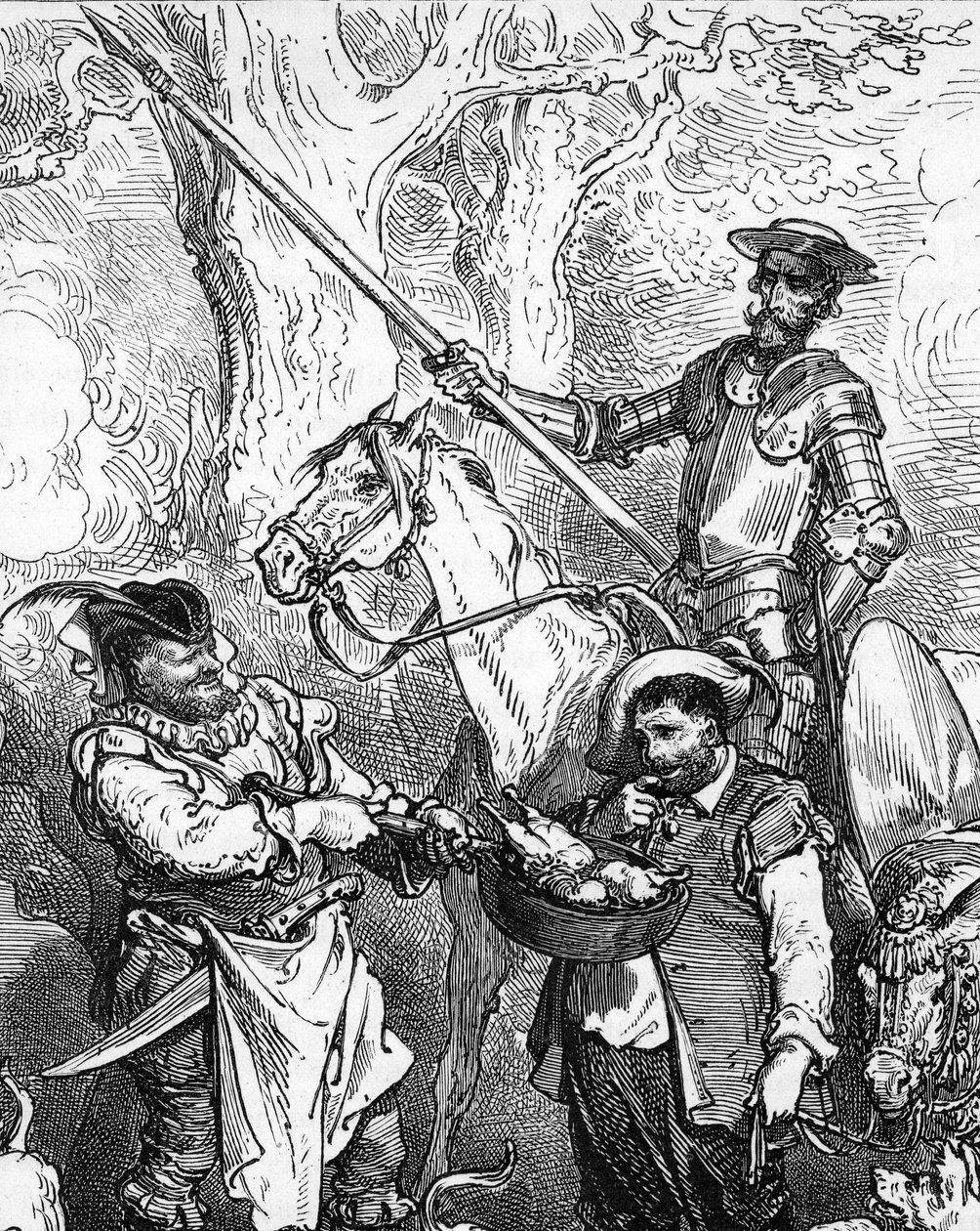 Don Quijote (Quijote vagy Qijote), kézzel dob, és Rossinant nevű lován lovagolva készen áll a kalandra. Fidele squiyerje, az ínyenc Sancho Panza (Panca) tétovázik egy jó húsétel előtt. Részlet egy Gustave Dore által készített metszetből, amely a következő  alkotó: Gustave Dore