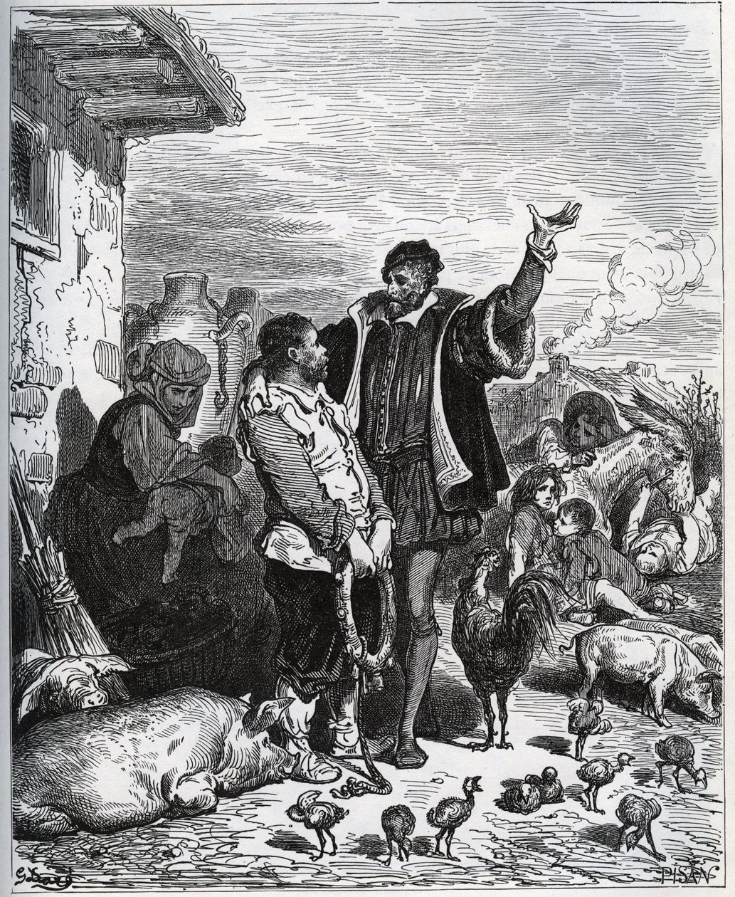 Don Quijote rábízza szomszédját, Sancho Panzát, hogy legyen a vevője – Miguel Cervantes „Don Quijote de la Mancha” című filmjéből alkotó: Gustave Dore