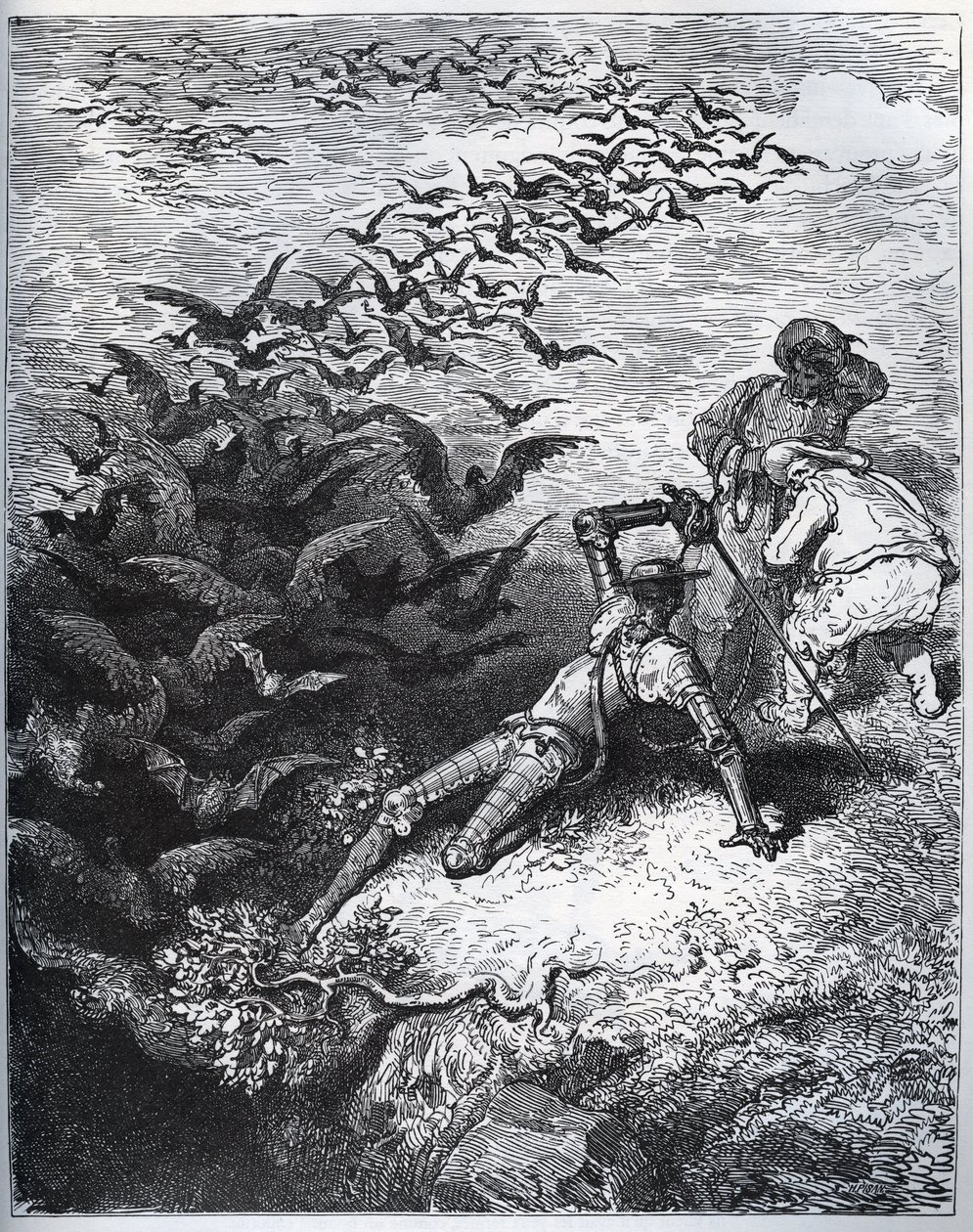 Don Quijote a la cave de Montesinos – Montesinos barlangjából végtelen számú varjú és bástya repül ki, Don Quijotét a földre lökve (II, 22) – Miguel Cervantes (1547-) „Don Quijote de la Mancha” című művéből. 1616) (Don Quijote) - Fametszet rajz után alkotó: Gustave Dore