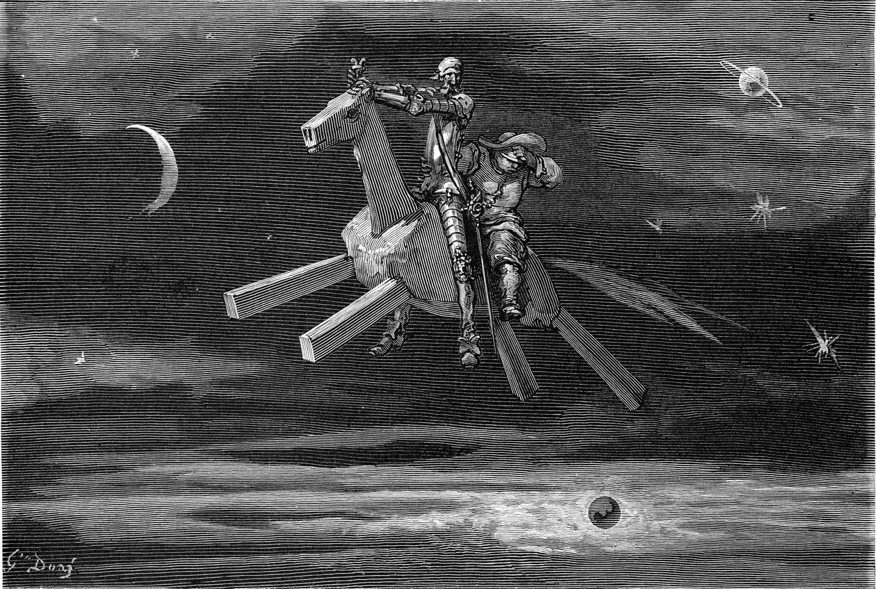 Don Quijote és Sancho Panca (Panza) az égen, a hold és a csillagok között, Clavilegne fából készült lovon lovagolva. Gustave Dore metszete, amely a "L