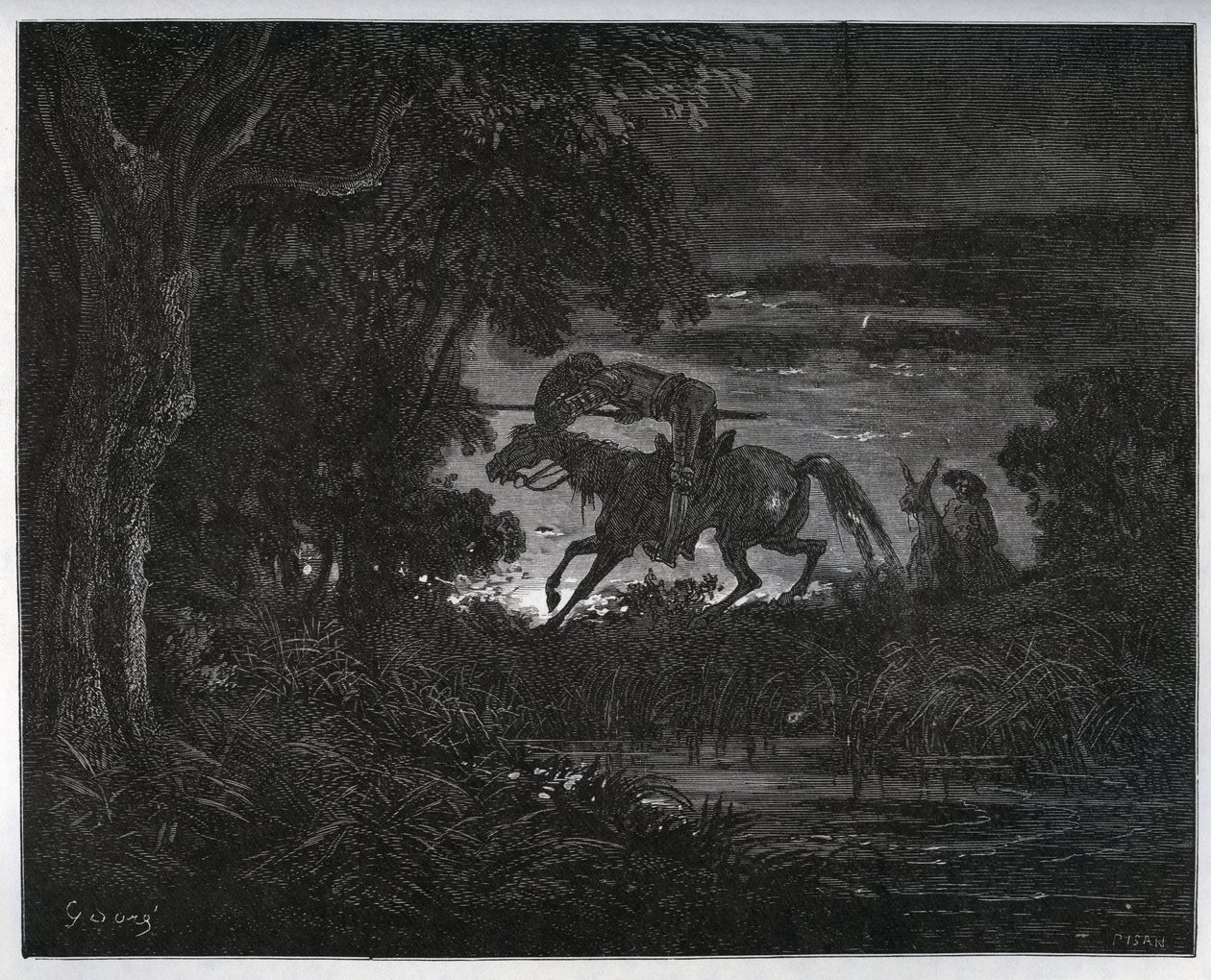 Don Quijote és Sancho Panza a kaland elején egy sűrű és ismeretlen erdőben - Miguel Cervantes (1547-1616) "Don Quijote de la Mancha" című művéből (Don Quijote) - Fametszet Gustave Dore rajza alapján alkotó: Gustave Dore