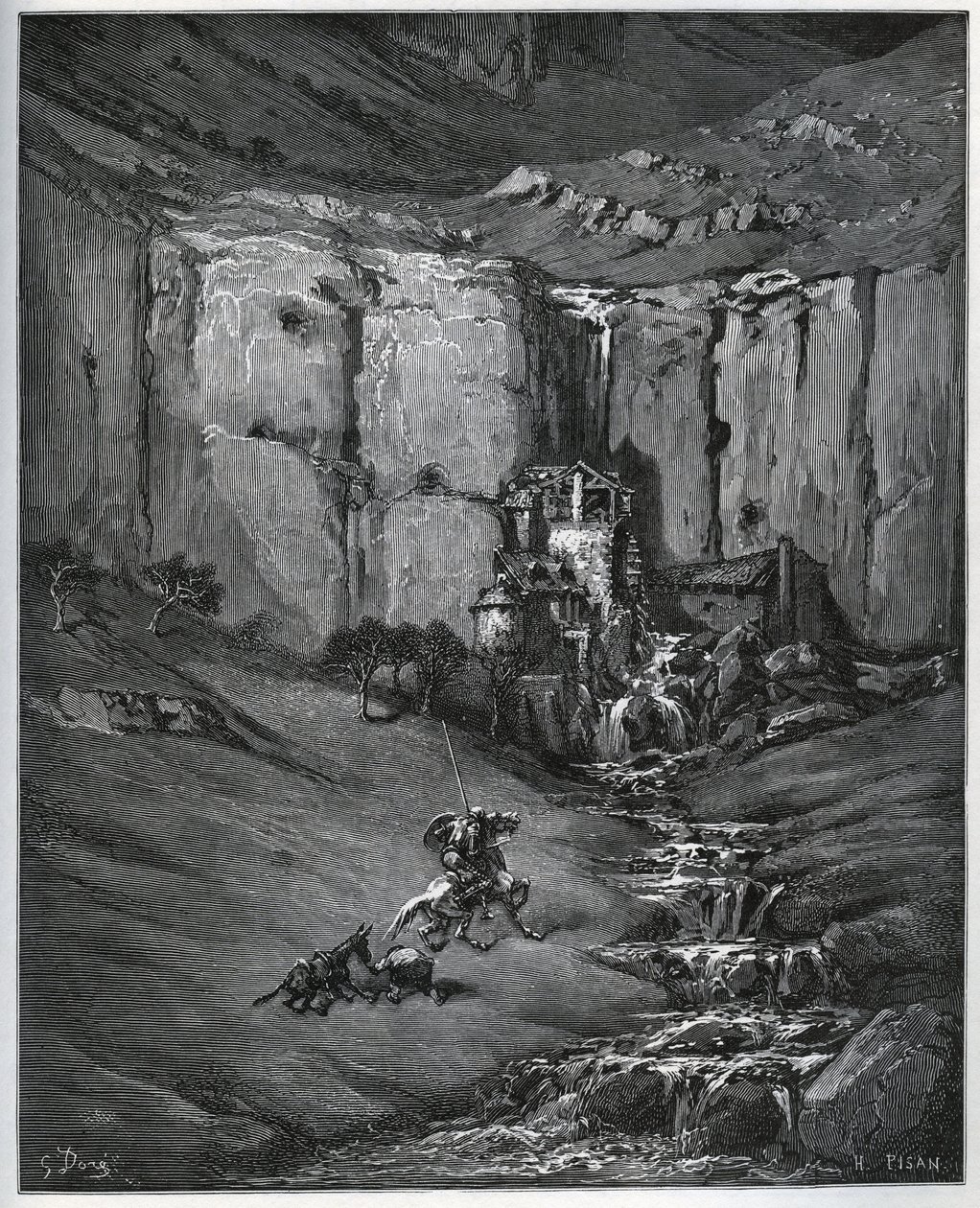 Don Quijote és Sancho Panza felfedezi, hogy mi okozta aggodalmukat, egy vízesés és egy malom, egy foulon – Miguel Cervantes (1547-1616) „Don Quijote de la Mancha” című művéből (Don Quijote) – Gustave Dore rajza alapján készült fametszet alkotó: Gustave Dore