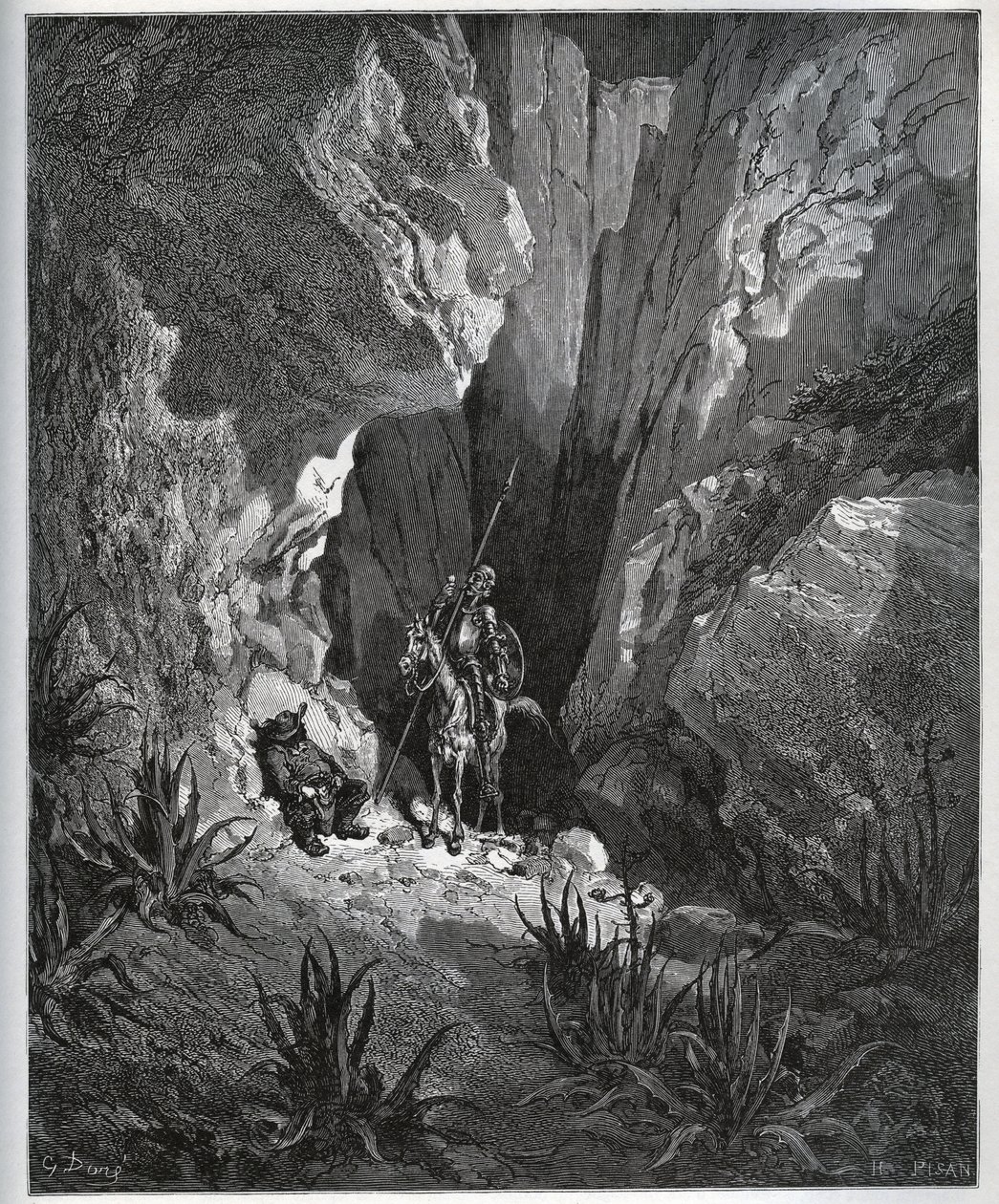 Don Quijote és Sancho Panza megtalálja az utazó dolgait – Miguel Cervantes (1547-1616) „Don Quijote de la Mancha” című művéből (Don Quijote) – Gustave Dore rajza alapján készült fametszet alkotó: Gustave Dore