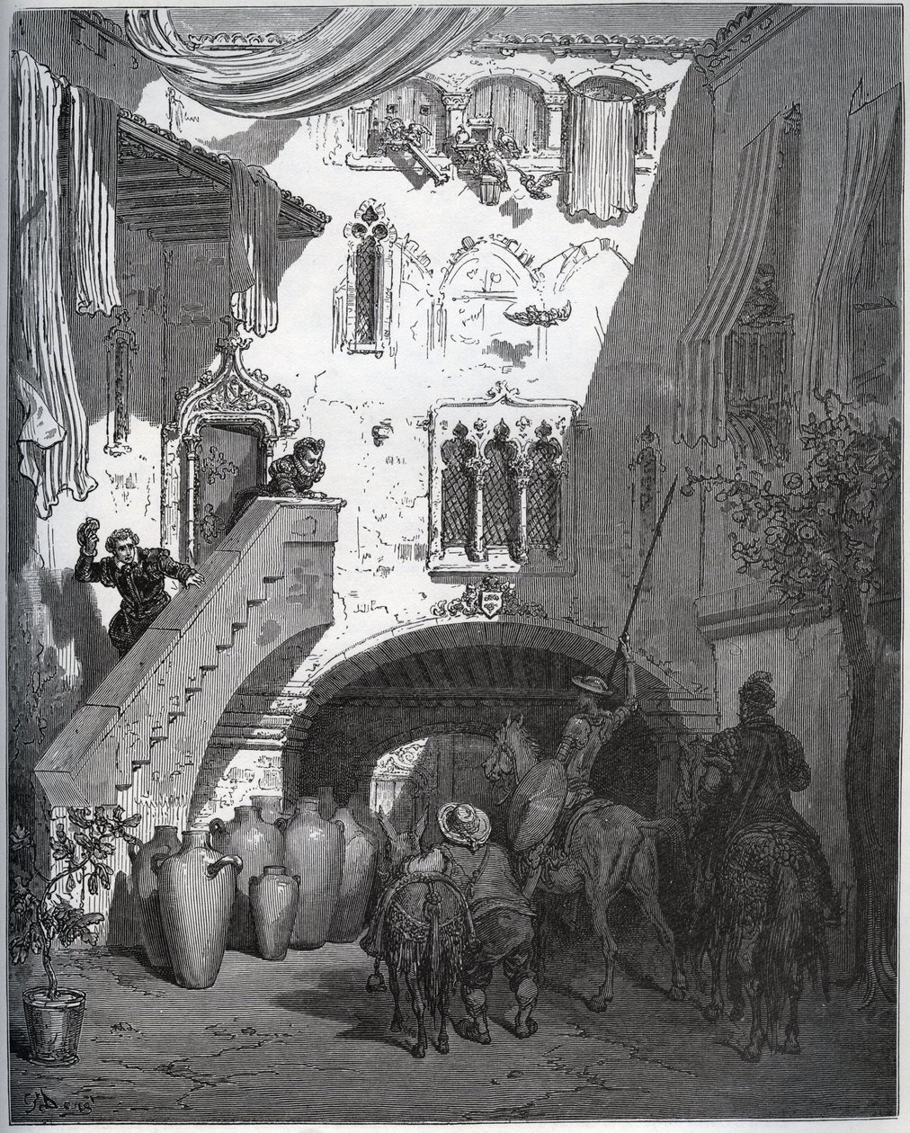 Don Quijote és Sancho Panza, akiket Don Diego de Miranda hívott otthonába, az úriember felesége és fia fogadja - Miguel Cervantes (1547-1616) „Don Quijote de la Mancha” című művéből (Don Quijote) - Fametszet Gustave rajza alapján Dore alkotó: Gustave Dore